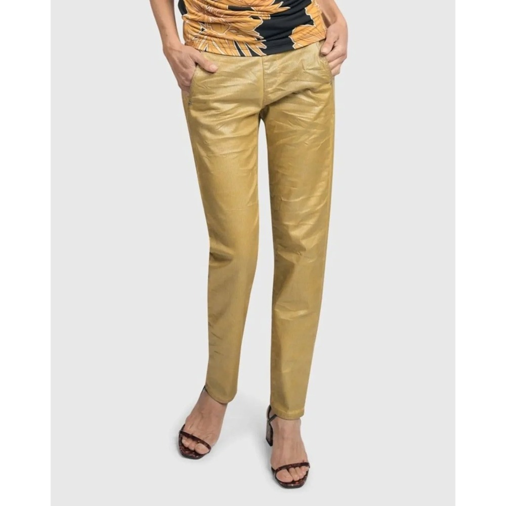 Alembika Iconic Gold Shimmer Stretch Jean Tapered Pant Drawstring Waist 12 Women